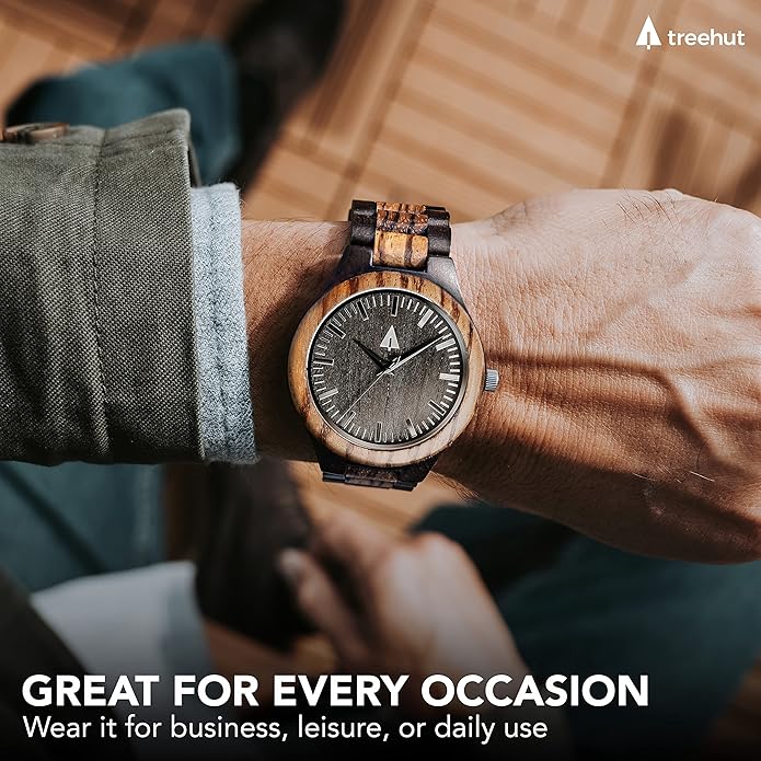 Treehut Wooden Watches for Men, Great Japanese Quartz Analog, Stylish Exotic Watch with Adjustable Stainless Steel Clasp, Buckle, Made from Ebony and Walnut Wood, Relojes Hombre Mujeres