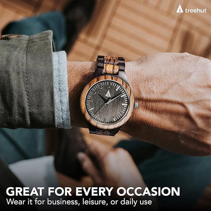 Treehut Wooden Watches for Men, Great Japanese Quartz Analog, Stylish Exotic Watch with Adjustable Stainless Steel Clasp, Buckle, Made from Ebony and Walnut Wood, Relojes Hombre Mujeres