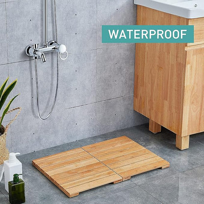 Waterproof Bamboo Bath Mat for Shower, Wooden Floor Mat for Bathroom, Foldable | Non-Slip | Heavy Duty, Shower Mat for Indoor Outdoor, 23.5in x 15.6in