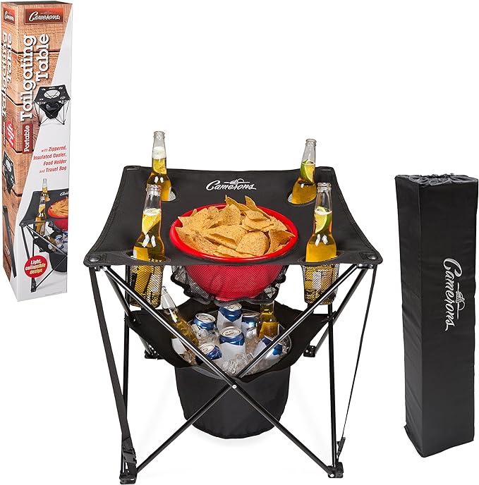 Camerons All-in-One Tailgating Table - Portable Folding Camping Table with Insulated Cooler, Food Basket, Cup Holders & Travel Bag - Collapsible Picnic Table for Fall Football Games & Outdoor BBQs