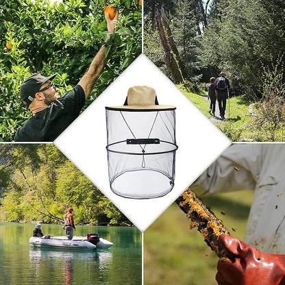 Head Net Hat with Removable Mesh Hidden Netting, Camouflage Design with Zipper Net for Outdoor Fishing Gardening Hiking Face Cover (Beige)