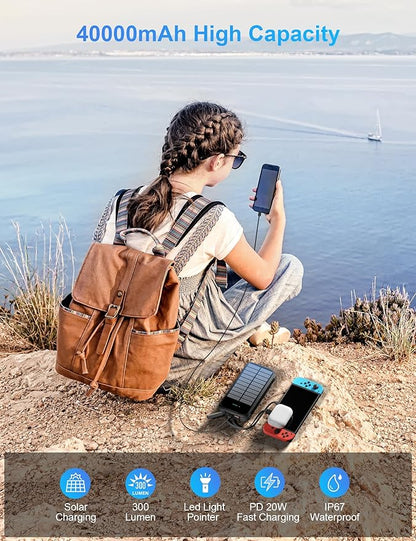 Solar Charger Power Bank, PD 20W Fast Charging External Batter, 40000mAh Portable Phone Charger Built in 4 Cables with Dual Bright Flashlights for Camping, Hiking, and Outdoor Use (Black)