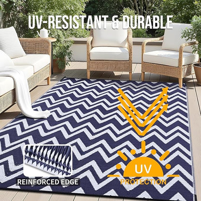 OLANLY Waterproof Outdoor Rug 9x12 ft Clearance, Reversible Outdoor Plastic Straw Rug, RV Mat, Indoor Outdoor Carpet for Patio, Camping, Balcony, Deck, Backyard, Navy & White