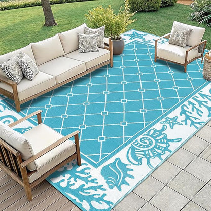 Vaukki Reversible Rugs, Plastic Straw Outdoor Doormat, Fade Resistant Plastic Outdoor Patio Mat, Lightweight Ocean Area Carpet for Patio, RV, Camping, Beach, Deck, Backyard and Picnic (Teal, 8'x10')