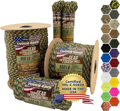 TOUGH-GRID Premium 550lb Paracord Rope - 50Ft White - 100% Nylon Type III Mil-Spec - UV & Abrasion Resistant - Heavy Duty Strands - Outdoor Survival Rope - Used by US Military - Made in USA
