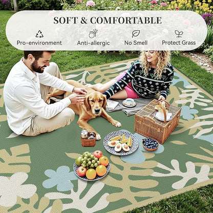 MontVoo Outdoor Rug Waterproof 6x9 ft RV Outdoor Rug for Camping Picnic Mat Outdoor Patio Rug Carpet Plastic Straw Reversible Floral Green Yellow