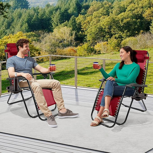 Zero Gravity Chair Set of 2 with Cup Holder & Removable Pillows, Adjustable Reclining Outdoor Patio Folding Chairs Portable Lounge Chair Furniture for Poolside, Lawn, Beach, Camping