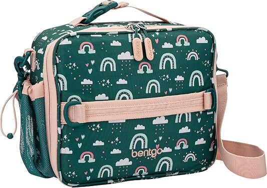 Bentgo Kids Lunch Bag - Durable, Double-Insulated Lunch Bag for Kids 3+; Holds Lunch Box, Water Bottle, & Snacks; Easy-Clean Water-Resistant Fabric & Multiple Zippered Pockets (Green Rainbow)