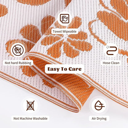 Ileading Round Outdoor Plastic Straw Rug 6ft Funny Floral Style Reversible Patio Area Rugs Waterproof Non Shedding Portable Carpets for Rv Outside Deck Pool Beach Picnic Camping (Orange)