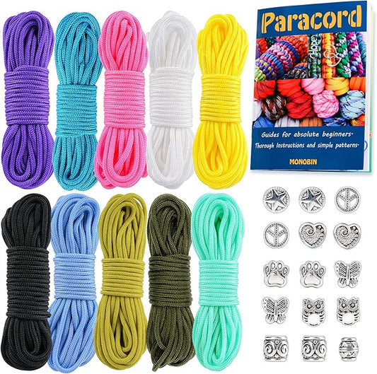 MONOBIN Micro Paracord，2mm 10Colors 20FT Paracord Combo Kit with Paracord Instructions and Charms for Making Paracord Bracelets, Lanyards, Jewelry Making