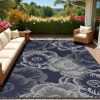 MontVoo Outdoor Rug 8x10 Waterproof Patio Rug-Outdoor Carpet Mat Reversible Plastic Straw Outside Outdoor Rug for RV Camping Picnic Beach Balcony Backyard Pool Deck Farmhouse Floral Navy Blue