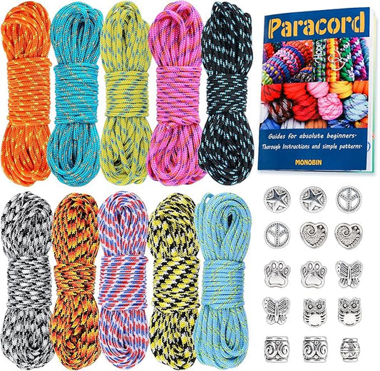 MONOBIN Micro Paracord，2mm 10Colors 20FT Paracord Combo Kit with Paracord Instructions and Charms for Making Paracord Bracelets, Lanyards, Jewelry Making