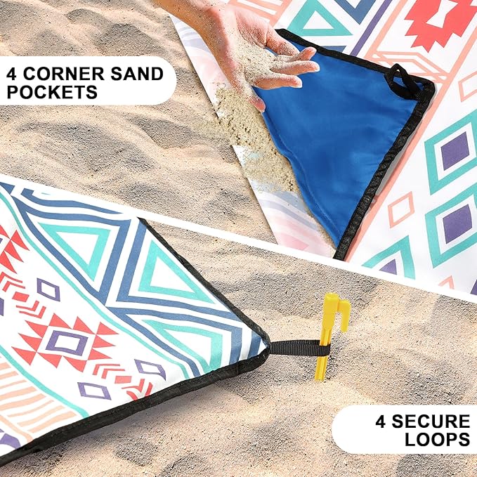 Beach Blanket, Sandproof Beach Mat, Waterproof Quick Drying Lightweight Outdoor Aztec Picnic Mat 79" X 83" for 2-4 Adults with Pocket for Travel, Camping, Hiking