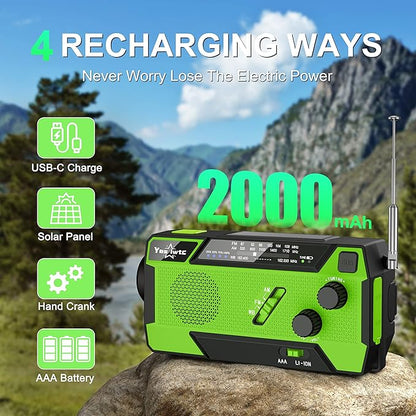 7400mWh NOAA Emergency Weather Radio with 3 in 1 Charging Cable - Solar Hand Crank Alert Radio - 3 Power Supply Methods - SOS Alarm, Flashlight for Hurricane Emergencies
