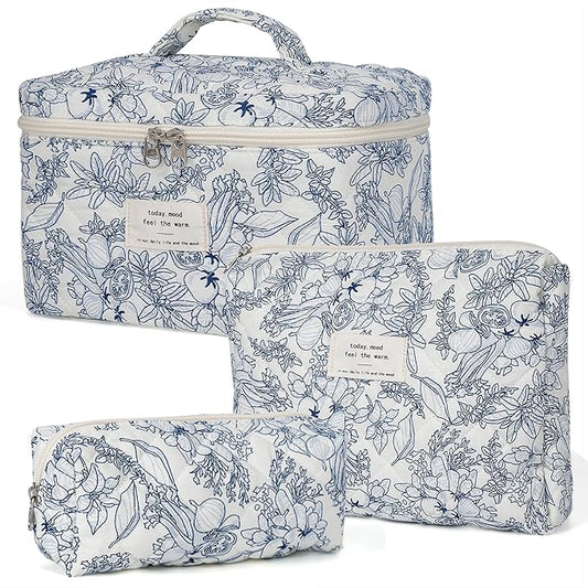 Makeup Bag,Quilted Cosmetic Bags,Large Floral Make Up Organize bag,Makeup Bag Set for Women,Flower Travel Toiletry Bag