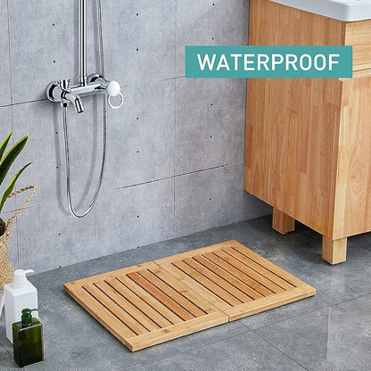 Waterproof Bamboo Bath Mat for Shower, Foldable | Non-Slip | Heavy Duty, Wooden Bath Mat, Floor Mat and Doormat for Indoor Outdoor, 23.4in x 15.6in