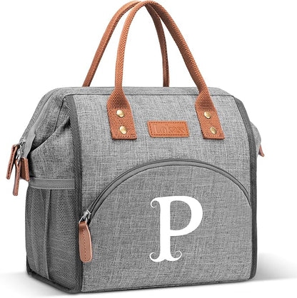 Initial Lunch Bag Women Insulated Lunch Box Wide-Open Lunch Tote Bag Large Drinks Holder Durable Nylon Thermal Snacks Organizer for Work, Travel, Picnic Personalized Gifts for Women/Teacher