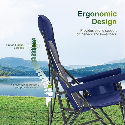 ALPHA CAMP Oversized Folding Camping Chairs High Backrest Heavy Duty Lawn Chairs for Adults Support 500 LBS Portable Camp Chairs with Cup Holders Large Side Pocket for Outdoor