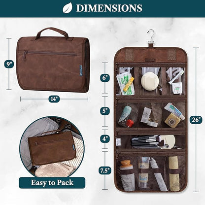 PAVILIA Hanging Toiletry Bag Men Women, Travel Kit Foldable Large Toiletries Organizer, Roll up Cosmetics Makeup Bag Accessories, Waterproof Essentials Dopp Case (Brown)