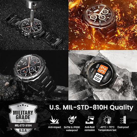 Smart Watches for Men GPS, Pressure,Altitude,Compass, 480mAh Large Battery, 50M Waterproof, Full Metal Body Smartwatch, Bluetooth Calling, 24/7 Health Monitoring, for Android & iOS(2 Bands)