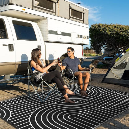 GENIMO Outdoor Rug 6'x9' Patio Waterproof, Lightweight Outdoor Plastic Straw Rug Clearance, Reversible Camping Mat Outdoor Carpet for RV, Picnic, Backyard, Deck, Balcony, Porch, Black & White