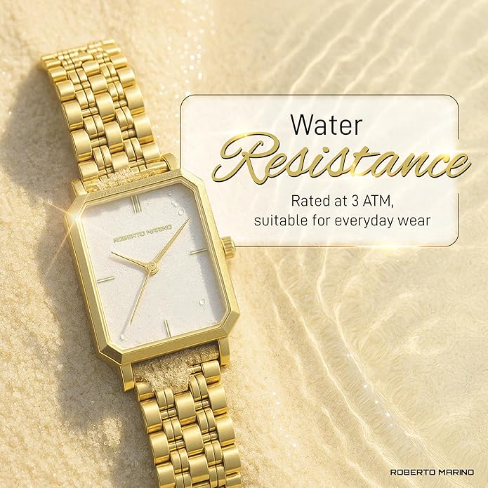 Roberto Marino RM1982 Women’s Luxury Watch Rectangular Gold – Japanese Quartz Movement, Vintage Stainless Steel Design, Silver Dial, Elegant Dress Timepiece, 3ATM Water Resistant – Reloj para Mujer