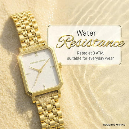 Roberto Marino RM1982 Women’s Luxury Watch Rectangular Gold – Japanese Quartz Movement, Vintage Stainless Steel Design, Silver Dial, Elegant Dress Timepiece, 3ATM Water Resistant – Reloj para Mujer