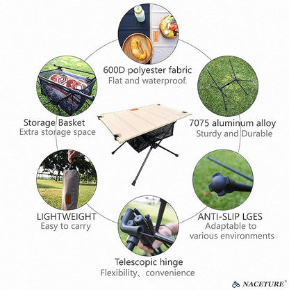 NACETURE Camping Table with Folding Legs and Mesh Storage Basket for Food, Coffee, or Camp Grill Accessories, Lightweight and Portable for Outdoor, Backpacking, Hiking, and Travel