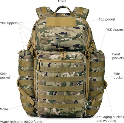 Large Tactical Backpack Military Army Daypack 3 Day Assault Pack Molle Rucksack Heavy Survival Bugout Emergency Bag 52L (Camo)