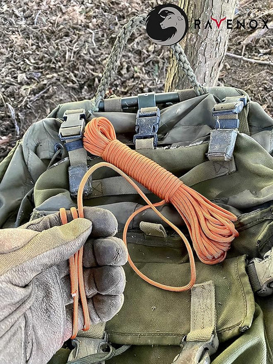 Ravenox Type III 550 Paracord | Genuine Military 550 Cord (Orange)(25 Feet)| 7 Inner Strand, 100% Twisted Nylon Cordage | Parachute Cord Rope for Military, Survival, Outdoor Recreation | Made in USA