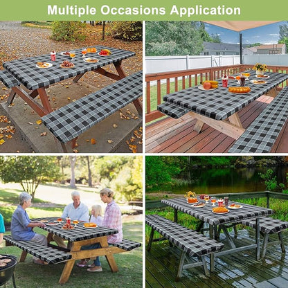 Picnic Table Cover with Bench Covers Camping Essentials Waterproof Windproof Camping Tablecloth with Drawstring Bag, Fitted Rectangle Tables and Seats, 72in, Small Gray Plaid