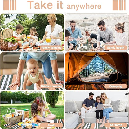Waterproof Picnic Blanket 80" x 60" in Portable with Carry Strap for Beach Mat or Family Outdoor Camping Party, Park Blanket for Grass Park Hiking Travel, Concerts (Dark Green&White&Orange, 80" x 60")