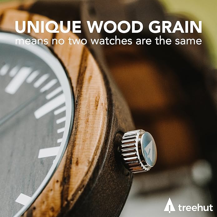 Treehut Wooden Watches for Men, Great Japanese Quartz Analog, Stylish Exotic Watch with Adjustable Stainless Steel Clasp, Buckle, Made from Ebony and Walnut Wood, Relojes Hombre Mujeres