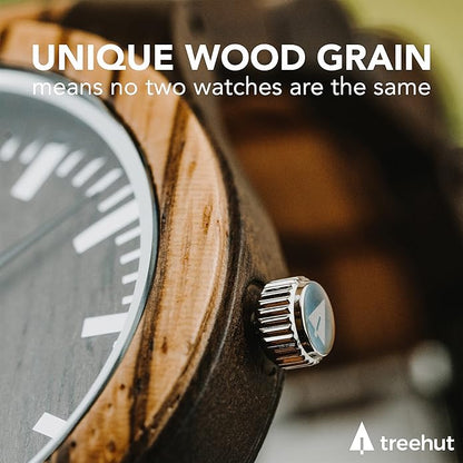 Treehut Wooden Watches for Men, Great Japanese Quartz Analog, Stylish Exotic Watch with Adjustable Stainless Steel Clasp, Buckle, Made from Ebony and Walnut Wood, Relojes Hombre Mujeres