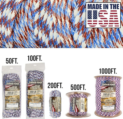 TOUGH-GRID Premium Patriot Paracord 550 lbs Made in USA Outdoor Survival Nylon Rope Tactical Heavy Duty Strands Parachute Cord Used by US Military Type III Mil-Spec