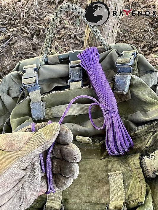 Ravenox Type III 550 Paracord | Genuine Military 550 Cord (Purple)(25 Feet)| 7 Inner Strand, 100% Twisted Nylon Cordage | Parachute Cord Rope for Military, Survival, Outdoor Recreation | Made in USA