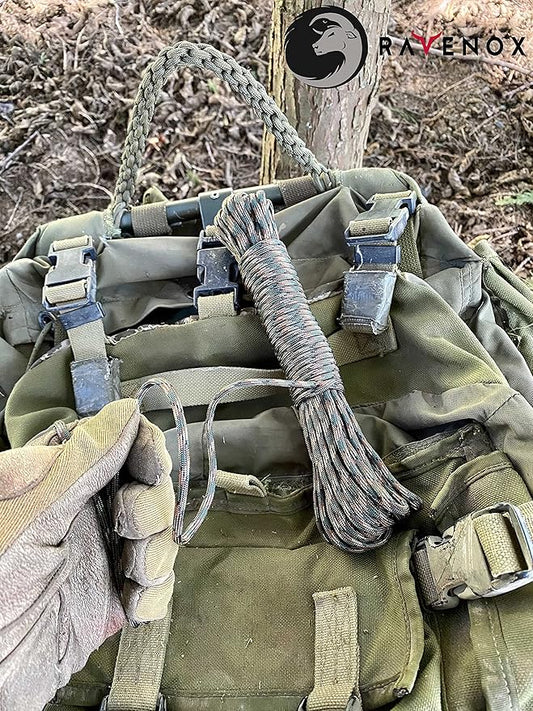 Ravenox Type III 550 Paracord | Genuine Military 550 Cord (Woodland Camo)(25 FT)| 7 Inner Strand, 100% Twisted Nylon Cordage | Parachute Cord Rope for Military, Survival, Outdoor | Made in The USA