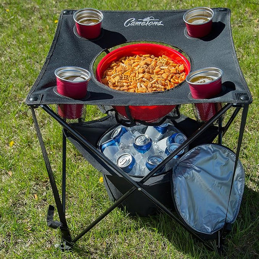 Camerons All-in-One Tailgating Table - Portable Folding Camping Table with Insulated Cooler, Food Basket, Cup Holders & Travel Bag - Collapsible Picnic Table for Fall Football Games & Outdoor BBQs