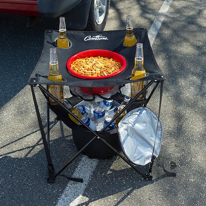 Camerons All-in-One Tailgating Table - Portable Folding Camping Table with Insulated Cooler, Food Basket, Cup Holders & Travel Bag - Collapsible Picnic Table for Fall Football Games & Outdoor BBQs